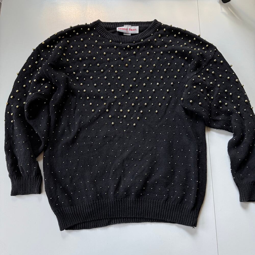 Vintage Rochelle-Forest Black Sweater Gold Stud‎ Beads Ramie Cotton L